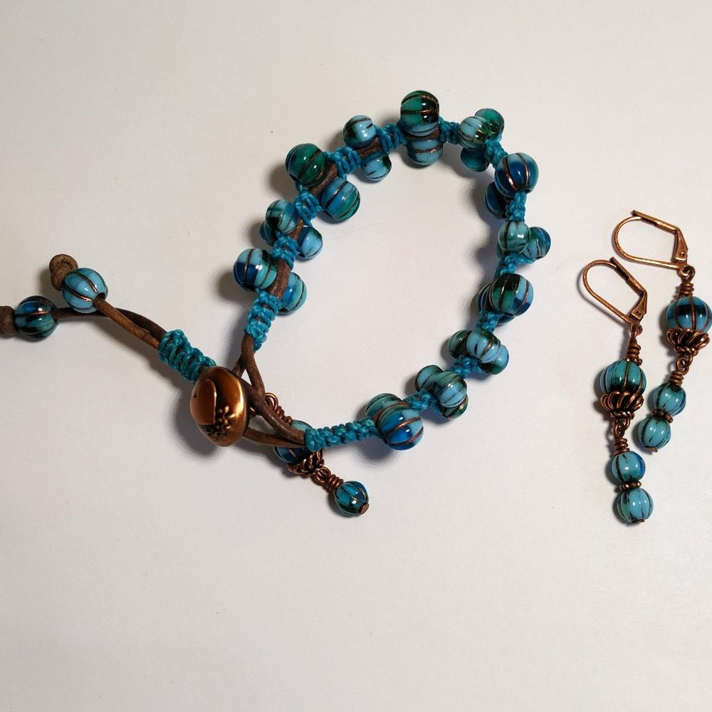 New, Artisan, Unique, Hand Beaded Leather & Czech Glass Bracelet & Earrings